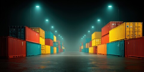 Fototapeta premium Rows of colorful shipping containers stacked at night, symbolizing global trade and logistics
