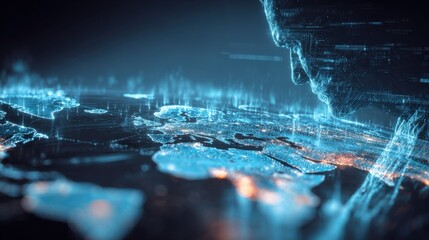 Global Network Connectivity Concept: Digital Human Overlooking Earth's Illuminated Cityscape with Data Streams and Futuristic Technology