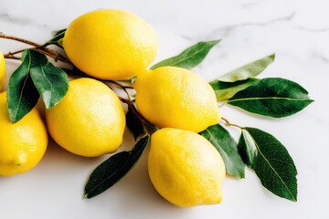 Fresh Lemons with Green Leaves on a White Marble Surface for Culinary and Wellness Concepts