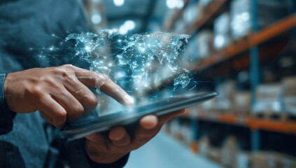 Man uses a tablet displaying a glowing, interconnected world map, representing global logistics and modern technology in a warehouse.