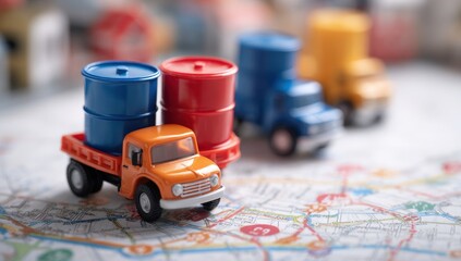 Miniature toy trucks transporting colorful barrels across a detailed map suggest logistics and global trade.