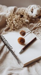 New notebook with pen on table, flat lay composition, close-up view