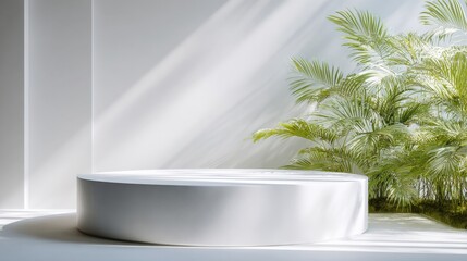 Minimalist White Product Display Podium with Tropical Plant and Sunlight for Cosmetic Presentation