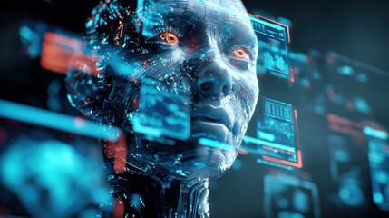 Futuristic AI Head with Digital Overlays: Technology and Data Visualization Concept