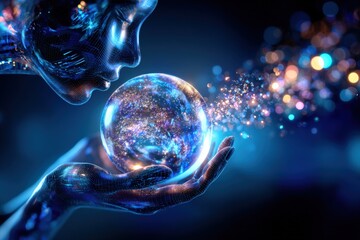 Mystical Figure Holding Orb of Light: Conceptual Digital Art with Cosmic Glow and Metallic Textures