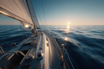 Sailing Adventure at Sunset: Yachting in the Open Sea with Clear Sky and Calm Waters