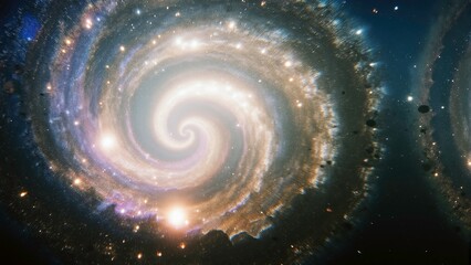 A surreal underwater scene of a glowing cosmic vortex swirling above in the water light beams, AI generative