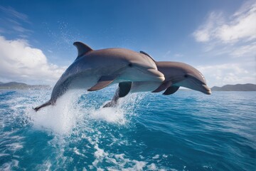 Two dolphins gracefully leaping out of the clear blue ocean under a bright sky