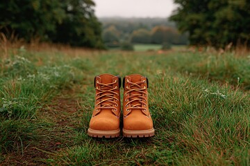 Pair of hiking boots on grass in scenic nature outdoor adventure and trekking concept