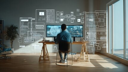 Developer Working on Future Technology with Holographic Interfaces, Data Analysis, and Cybersecurity at Home