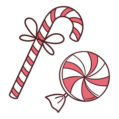 Hand drawn candy cane and swirl lollipop with bow