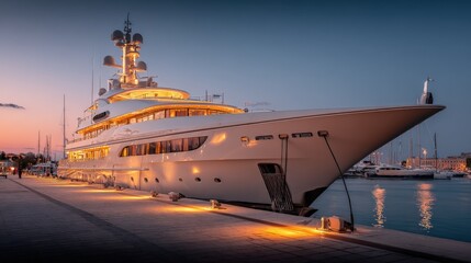 Fototapeta premium Luxury Yacht at Dock at Dusk: A Symbol of Wealth, Travel, and High-End Leisure