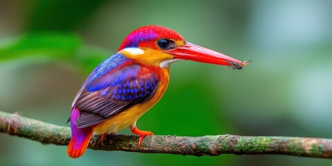 Vibrant Oriental Dwarf Kingfisher Perched on Branch in Lush Green Forest, Wildlife Photography