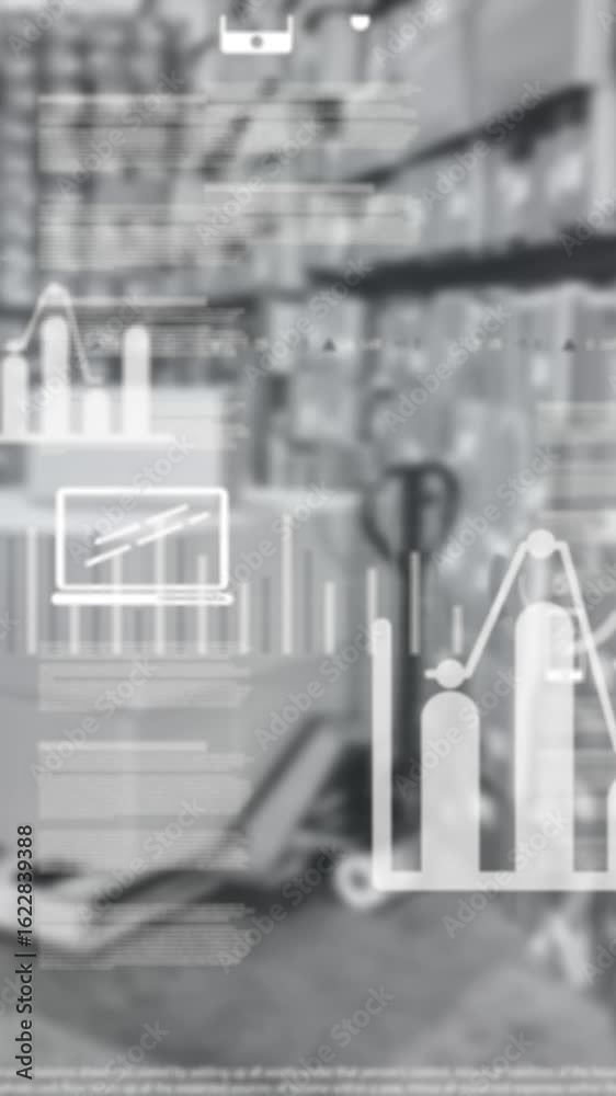 Wall mural animation of financial data processing with digital icons over warehouse in background