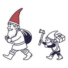 Two gnomes walking with a sack and a gift and an axe