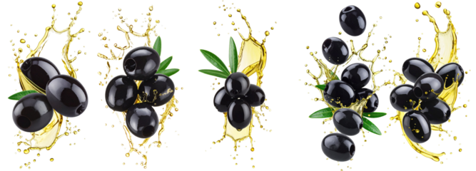 Black olives splashing with olive oil on transparent background