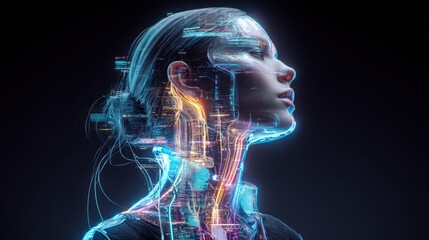 Futuristic AI Female Portrait: Digital Interface Overlay with Glowing Neon Details, Technology Concept