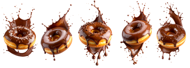 Chocolate donuts splashing with chocolate on transparent background