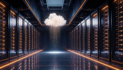 Modern cloud computing data center with illuminated server racks