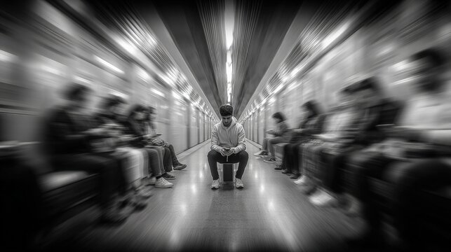 Monochrome image of a person sitting alone on a train with blurred commuters showcasing urban isolation