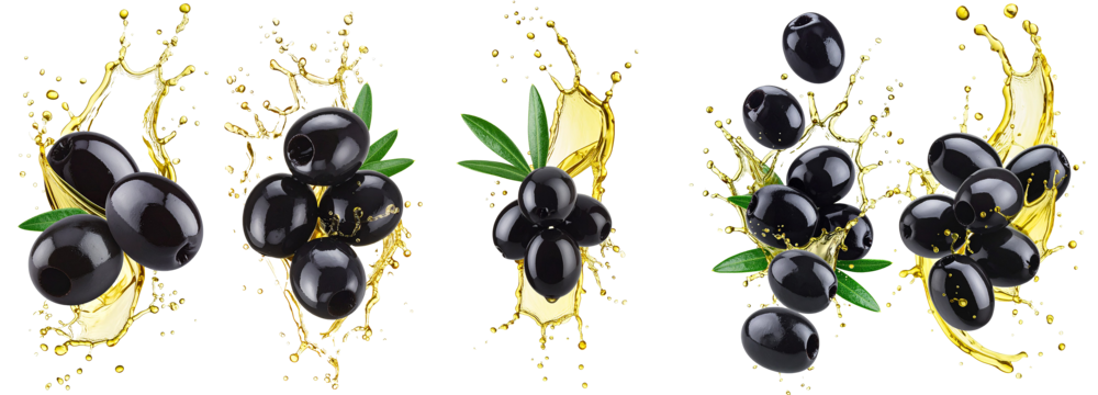 Black olives splashing with olive oil on transparent background