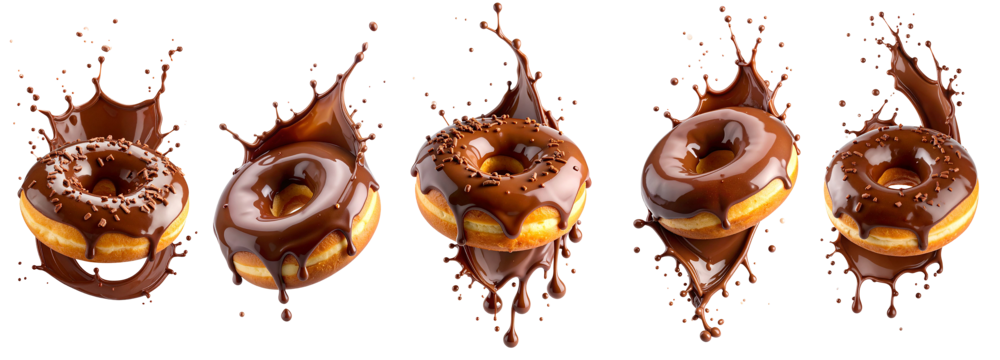 Chocolate donuts splashing with chocolate on transparent background