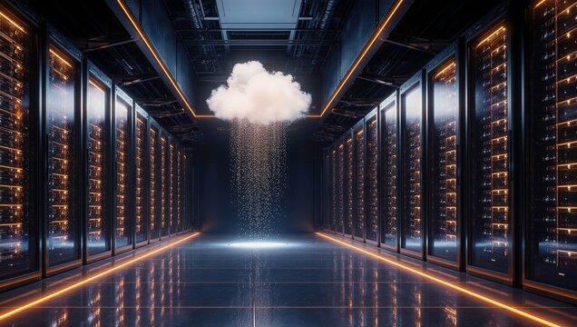 Modern cloud computing data center with illuminated server racks