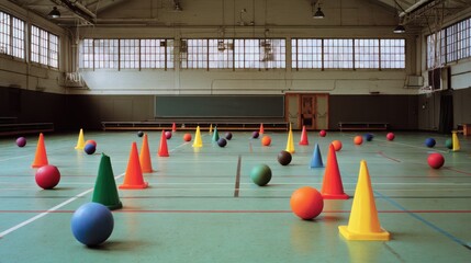 a gymnasium with colorful cones and balls in an elementary school