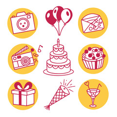 Birthday party celebration icons with cake balloons and gifts