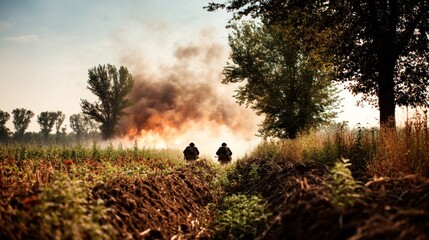Two figures in a field, smoke and trees