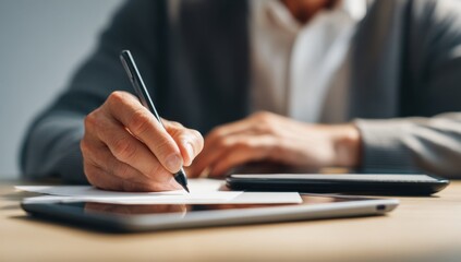 Person in a suit is writing on paper with a pen, with a tablet and phone nearby on a wooden desk.