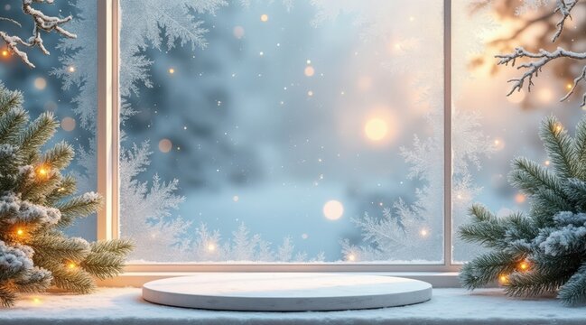 Empty white podium on a snowy windowsill with a blurred winter forest background and bokeh lights - Powered by Adobe