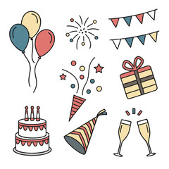 Collection of colorful party elements for celebrations and birthdays