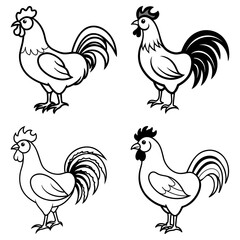 Fototapeta premium Four outlined roosters in different poses with varying tail and comb styles presented together nicely