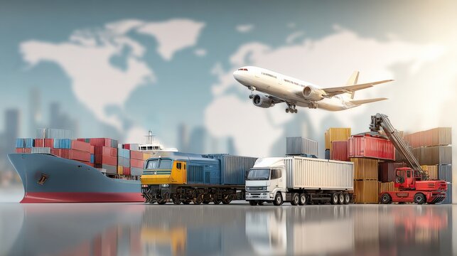 Global Logistics and Transportation Network Featuring Cargo Ship, Airplane, Train, and Truck for International Trade