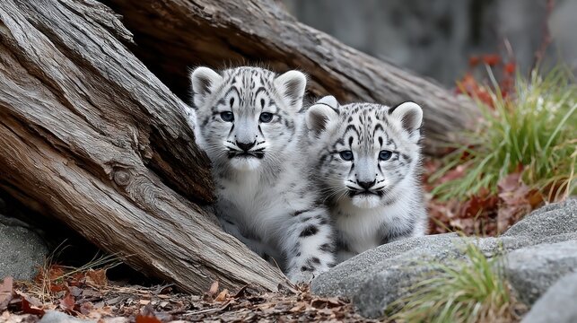 Two snow leopard cubs peeking from behind a log