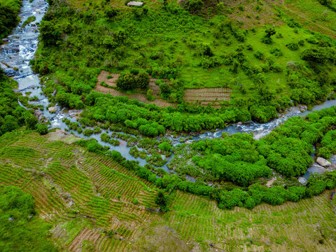 Aerial view of the winding river carves through vibrant green terraces and lush vegetation, creating a striking contrast of nature's artistry, Maza village, Jos North, Nigeria.