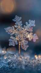 Closeup macro photo of a snowflake, detail texture and shape.