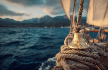 Fototapeta premium Sailing Adventure: Golden Bell on a Classic Yacht with Ocean and Mountain Backdrop