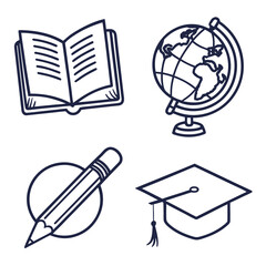 Set of four hand drawn education icons including a book globe pencil and graduation cap