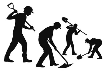 Vector illustration of a construction crew silhouette. Workers with hard hats and shovels digging, concept of manual labor and teamwork.