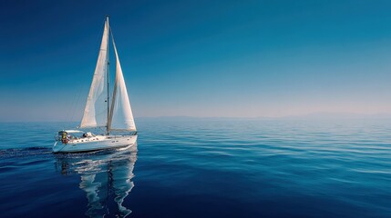 Obraz premium Sailboat Gliding on Calm Ocean Waters: A Serene Maritime Scene of Freedom and Adventure