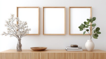 Elegant Interior Mockup: Three Natural Wood Frames with Floral and Plant Decor on Wooden Console