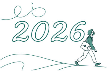 A professional with a briefcase walks towards the year 2026, illustrating a journey into the future with career goals and business planning. Minimalist line art.