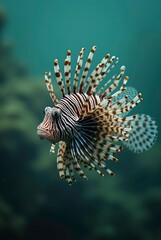 Vibrant lionfish with spiky fins fully extended, isolated on a bright green gradient background