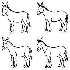 Four outlined donkeys standing side by side in a grid pattern with simple black and white details shown