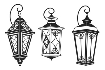 Set of three vintage street lanterns with ornate metalwork. Black and white vector illustration of antique gothic style wall lamps.