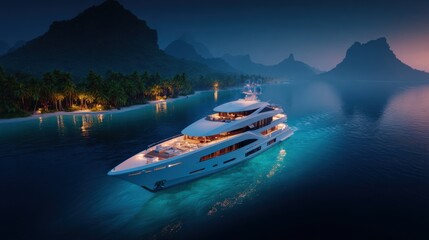 Luxury Yacht at Twilight: Exquisite Design, Tranquil Waters, Illuminated Coastline, Ideal for High-End Travel