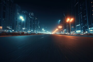 Urban nightscape with illuminated skyscrapers and motion-blurred road in a modern city center