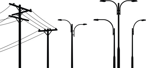 Silhouette vector of street light poles, electric utility poles with wires, city infrastructure, urban elements, isolated black white illustration graphic